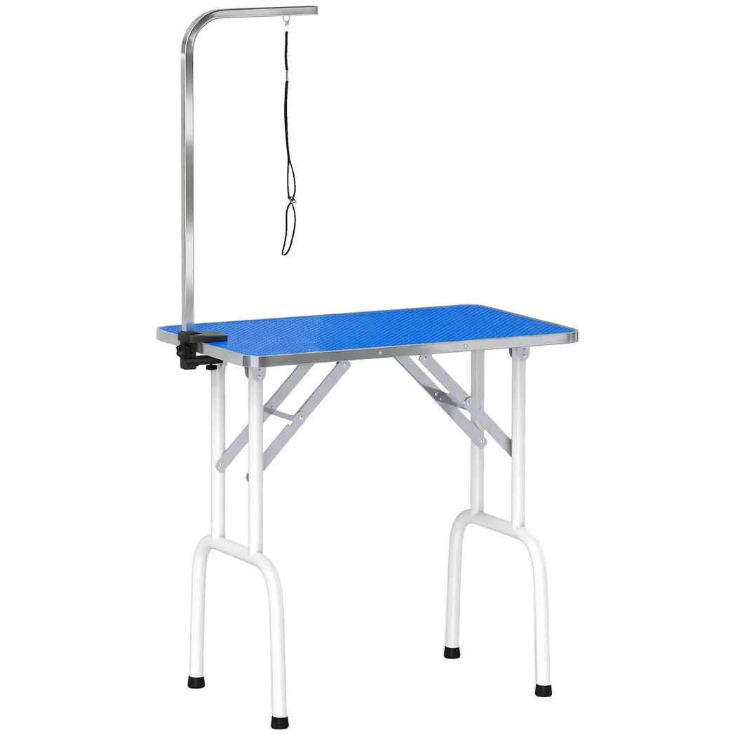 PawHut 32-Inch Foldable Dog Grooming Table with Adjustable Arm and Rubber Top – Pet Drying Table, Blue