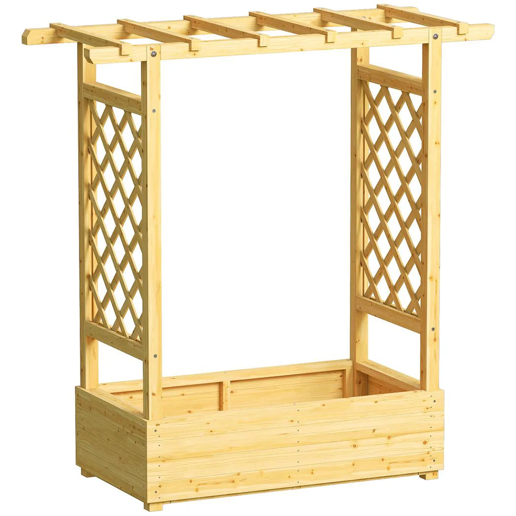 Outsunny Wooden Garden Planter with Trellis, Hanging Roof and Drainage Holes – Raised Bed, 110 cm, Natural