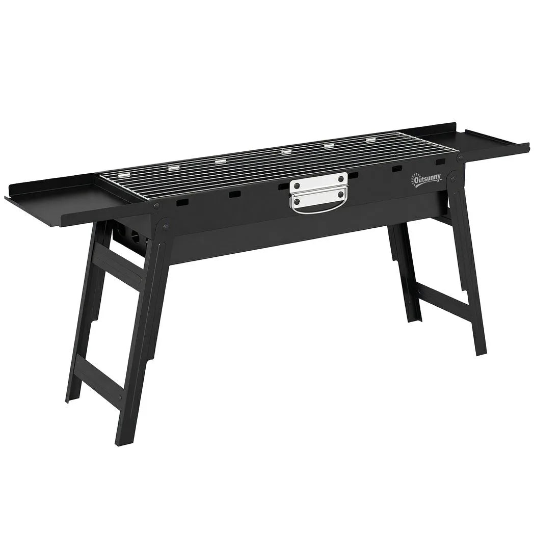 Outsunny Portable Folding Charcoal BBQ Grill with 2 Side Shelves and Handle – Camping and Picnic Barbecue, Black