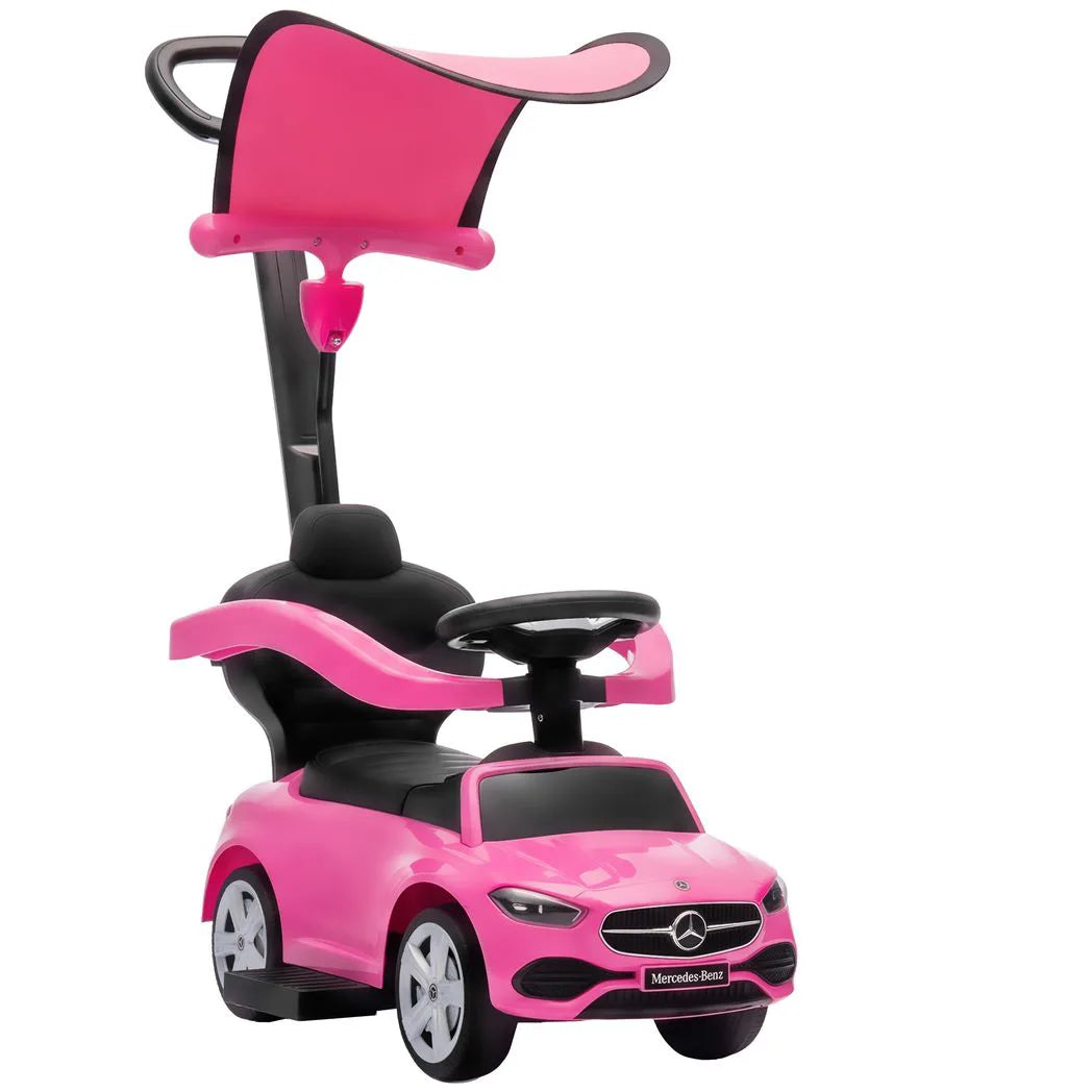 AIYAPLAY 4 in 1 Licensed Mercedes-Benz Ride On Push Car with Canopy, Guardrails, Horn and Music – 12–36 Months, Pink
