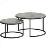 HOMCOM Set of Two Cement-Effect Nesting Coffee Tables with Steel Frame – Round Stacking Tables, Grey
