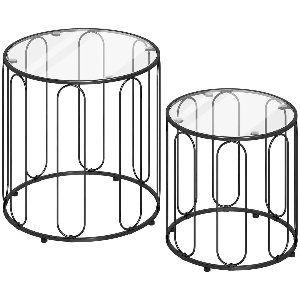 HOMCOM Elliptical Cut-Out Nesting Coffee Tables, Set of 2 with Glass Tops – Sofa Side Tables, Black