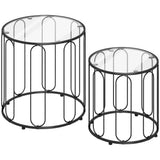 HOMCOM Elliptical Cut-Out Nesting Coffee Tables, Set of 2 with Glass Tops – Sofa Side Tables, Black