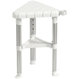 HOMCOM Corner Shower Stool with Storage Shelf, Aluminium Frame and HDPE Seat – Height Adjustable Chair, White