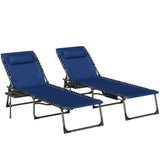 Outsunny Set of 2 Folding Sun Loungers, 5-Position Reclining with Pillow, Side Table and Pocket, Dark Blue
