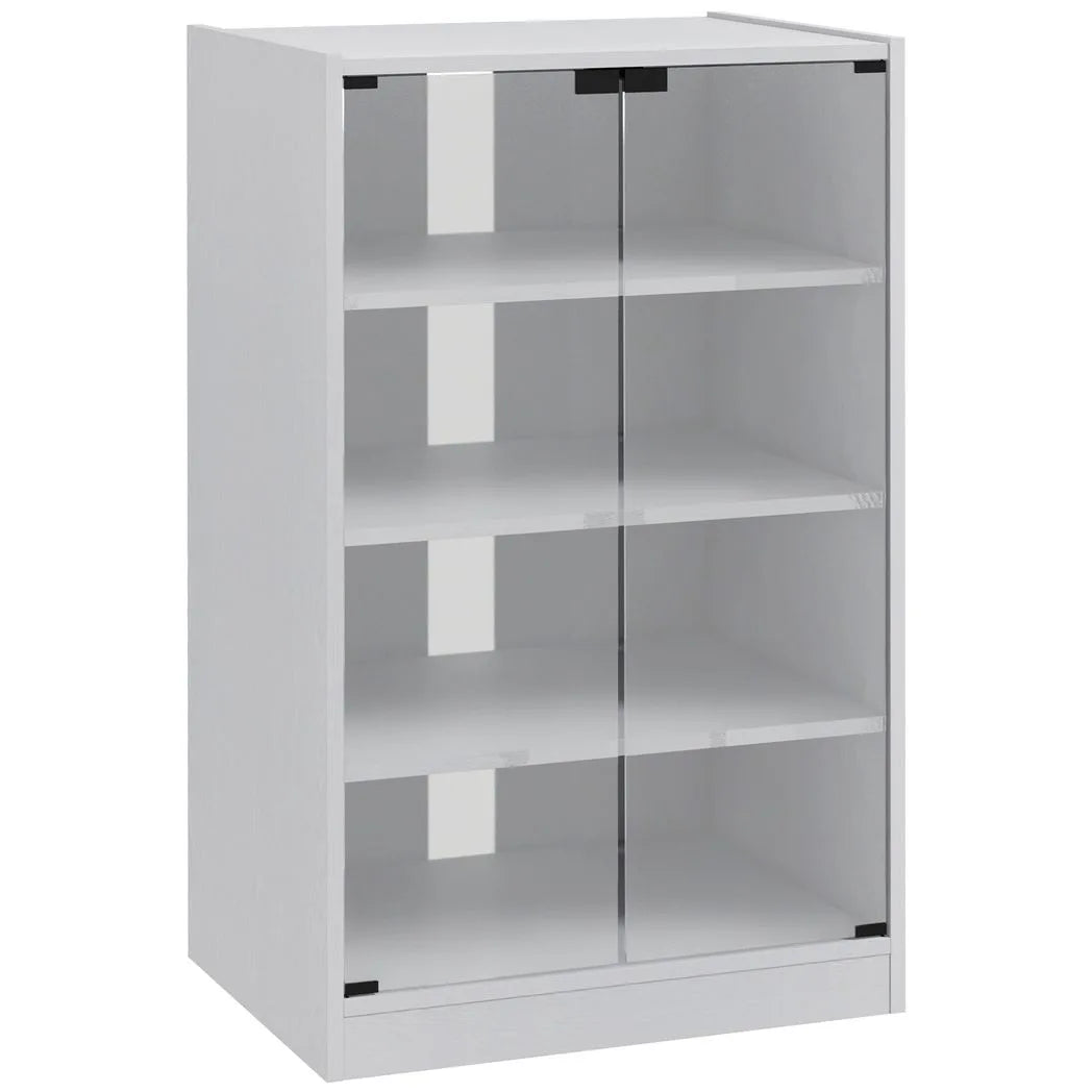 HOMCOM 4-Tier Hi-Fi Stand with Push-to-Open Glass Doors and Adjustable Shelves – Record Player Cabinet, White