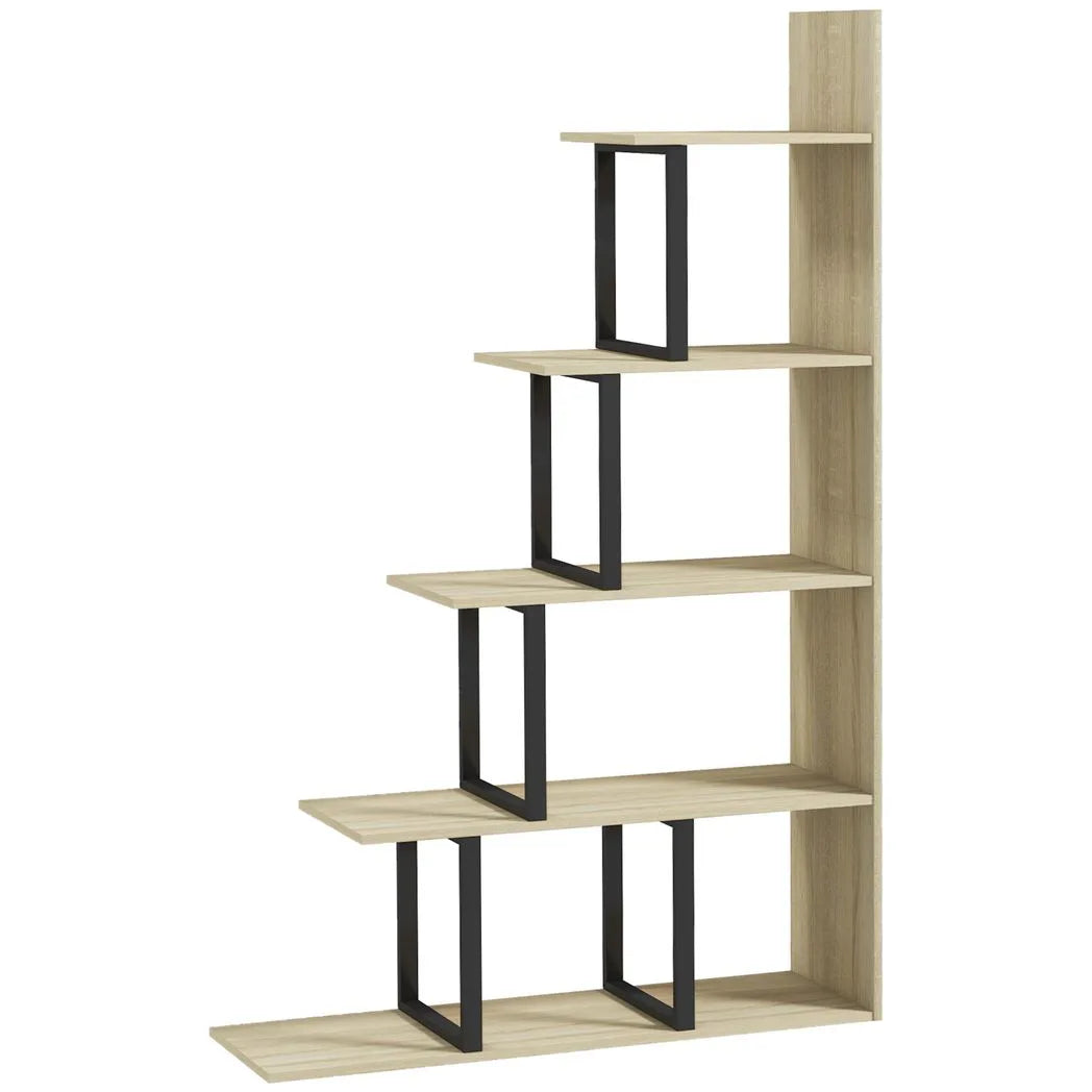 HOMCOM 5-Tier Ladder Bookcase with Anti-Tilt Device – Wooden Display Shelf Unit for Study and Living Room, Oak