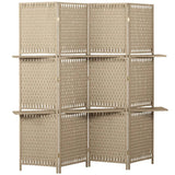 HOMCOM Wave Fibre Folding Privacy Screen with Two Shelves – Freestanding 4 Panel Room Divider, Natural Wood Finish