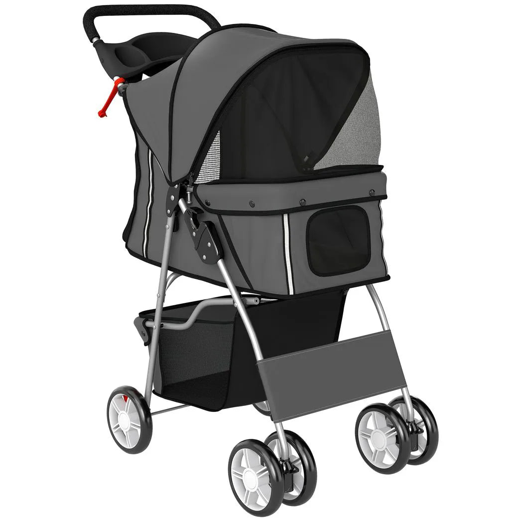 PawHut Foldable Dog Pram with Reflective Strips and 360° Swivel Wheels – Pet Stroller, Dark Grey