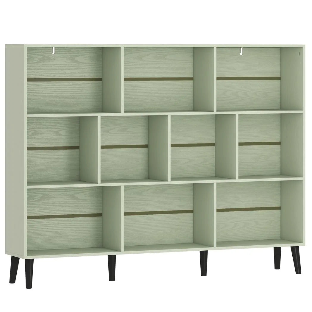 HOMCOM 10-Cube Bookcase with Solid Pine Legs & Anti-Tip Kit – 140 cm Nordic Bookshelf, Light Green