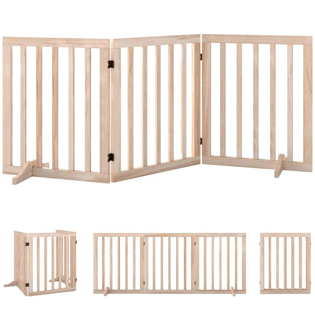 PawHut Wooden Freestanding Dog Gate with 3 Folding Panels and 2 Support Feet – Indoor Pet Barrier, Natural