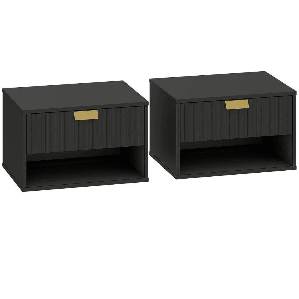 HOMCOM Floating Bedside Tables, Set of 2 Wall Mounted Nightstands with Fluted Drawer & Open Shelf, Black