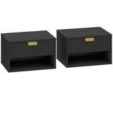 HOMCOM Floating Bedside Tables, Set of 2 Wall Mounted Nightstands with Fluted Drawer & Open Shelf, Black