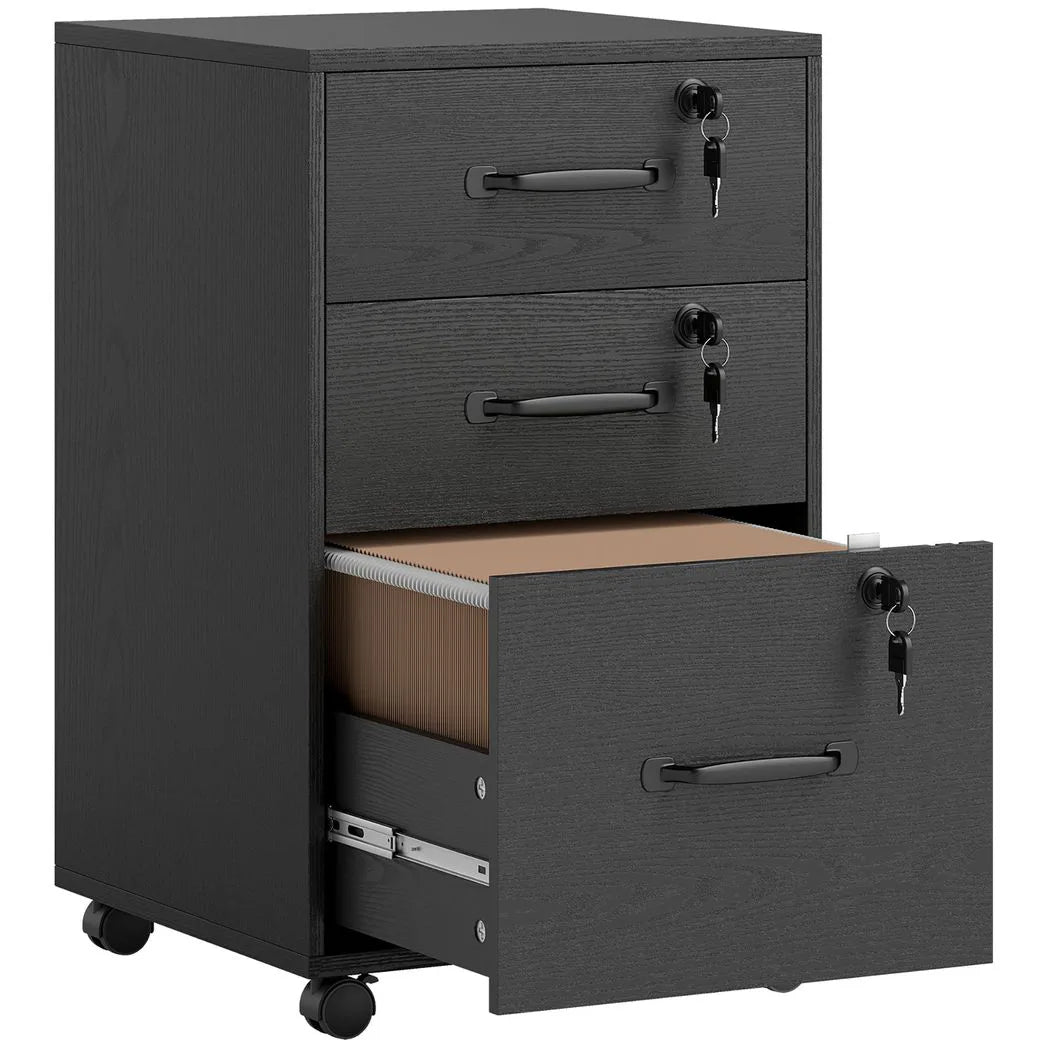 HOMCOM Three-Drawer Lockable Filing Cabinet with Wheels – Wood-Effect Under Desk Office Storage, Black