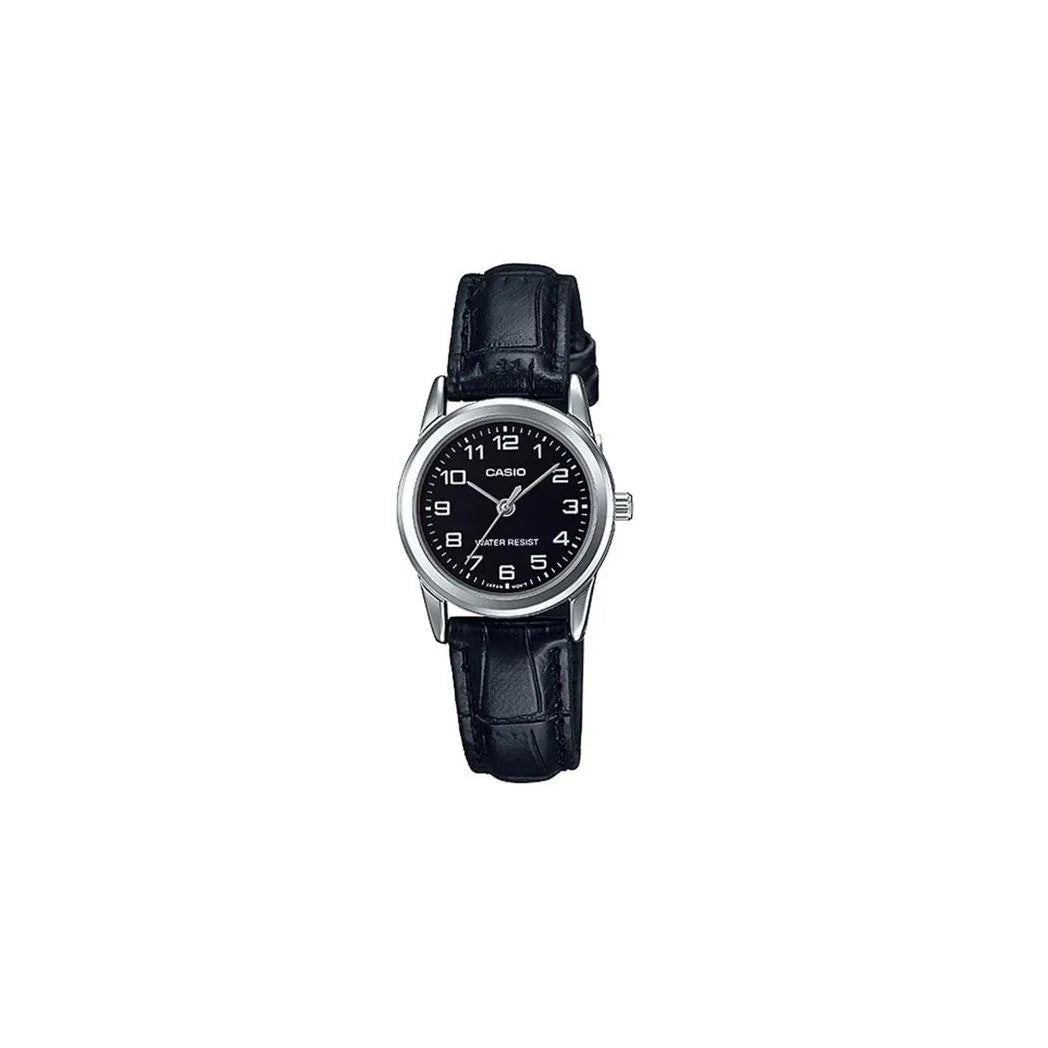 Casio Ladies Analogue Watch – Black Dial, Leather Strap, LTP-V001L-1BUDF