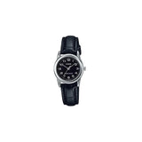 Casio Ladies Analogue Watch – Black Dial, Leather Strap, LTP-V001L-1BUDF
