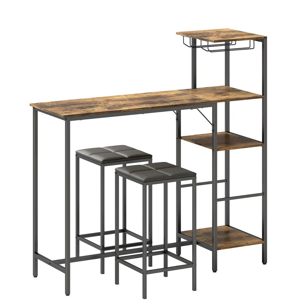 HOMCOM 3 Piece Breakfast Bar Table and Stools Set with 4-Tier Shelving and Wine Glass Racks, Rustic Brown