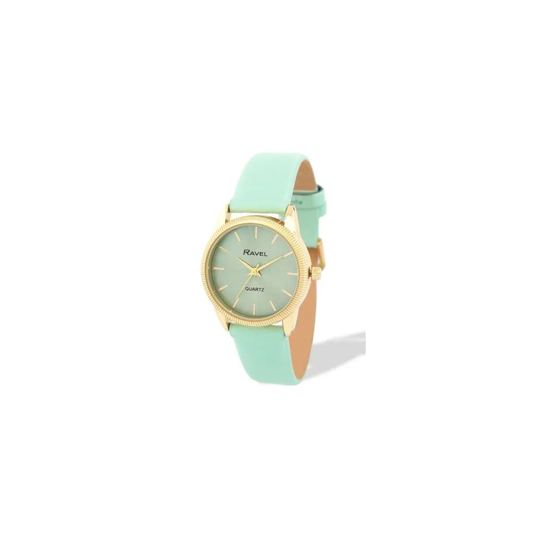 Ravel Ladies Round Gold-Tone Textured Bezel Watch with Green Faux Leather Strap, 27mm