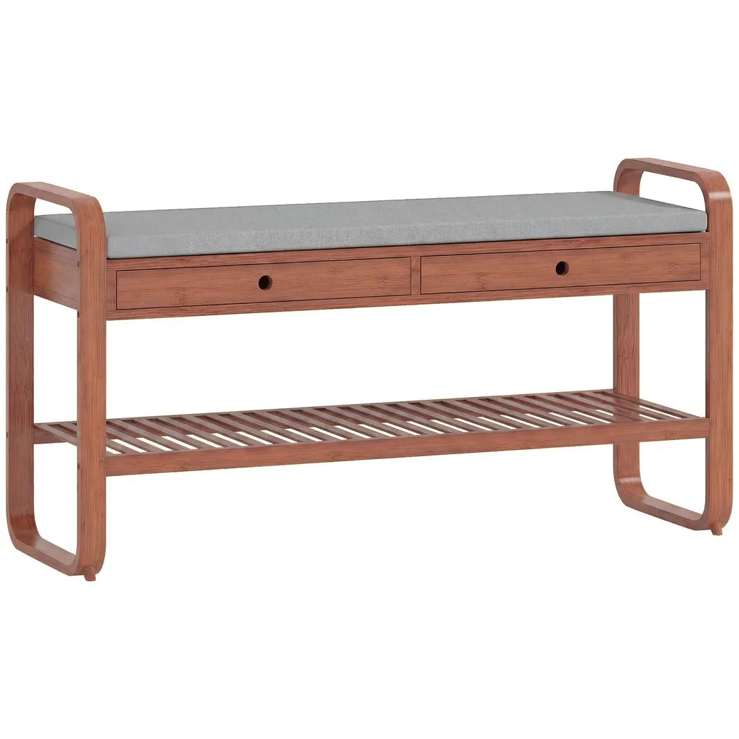 HOMCOM Bamboo Shoe Bench with 2 Drawers & Cushioned Seat, 105 cm – Dark Brown & Grey