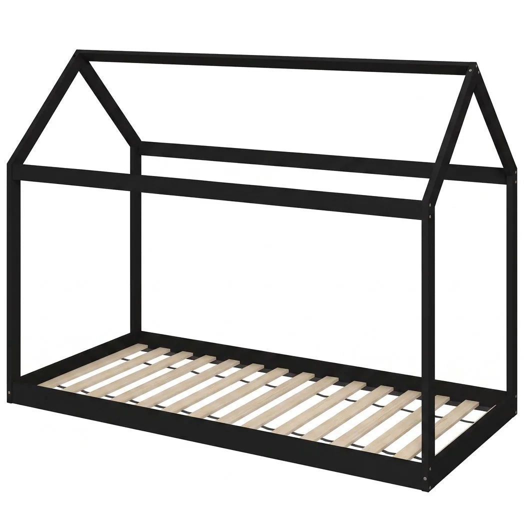 HOMCOM Single Bed Frame with House-Shaped Design – Scandinavian Solid Pine Wood for 90 x 190 cm Mattress