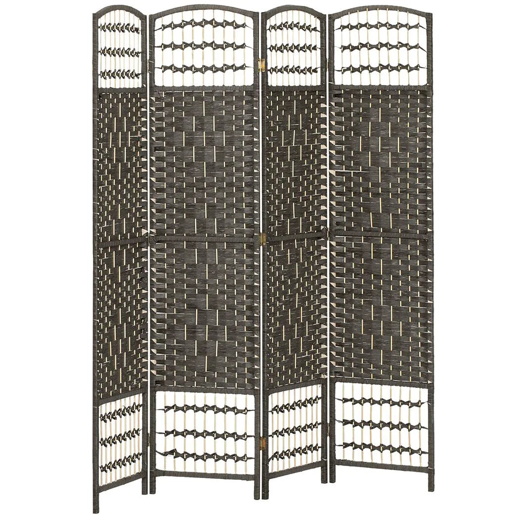 HOMCOM 4 Panel Folding Privacy Screen with Pine Wood Frame – Hand-Woven Room Divider, Dark Grey