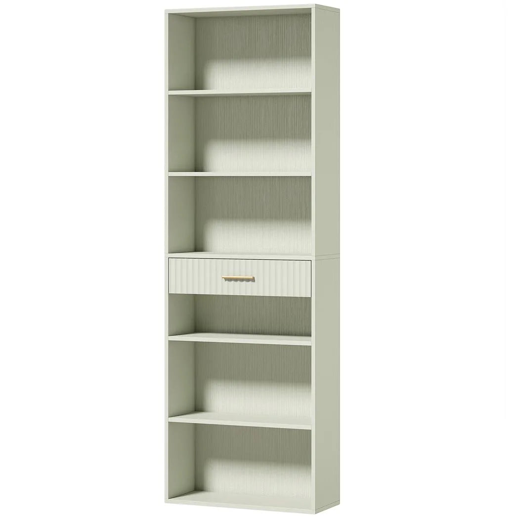 HOMCOM Narrow Tall Bookcase with Drawer and 6 Open Shelves – 182cm Space-Saving Bookshelf, Light Green