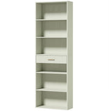 HOMCOM Narrow Tall Bookcase with Drawer and 6 Open Shelves – 182cm Space-Saving Bookshelf, Light Green