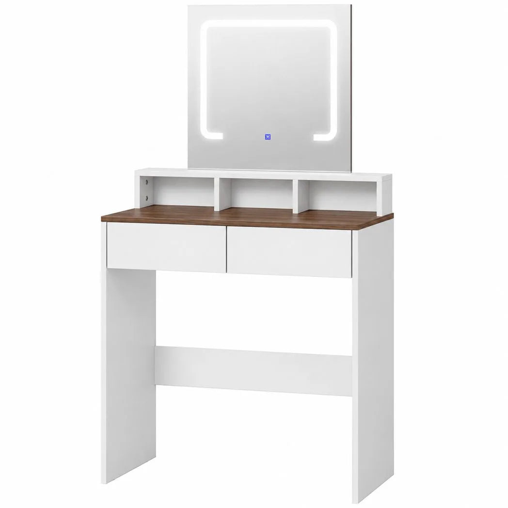 HOMCOM Dressing Table with LED Mirror, 2 Drawers & 3 Compartments – 3 Colour Lighting Makeup Vanity, Walnut