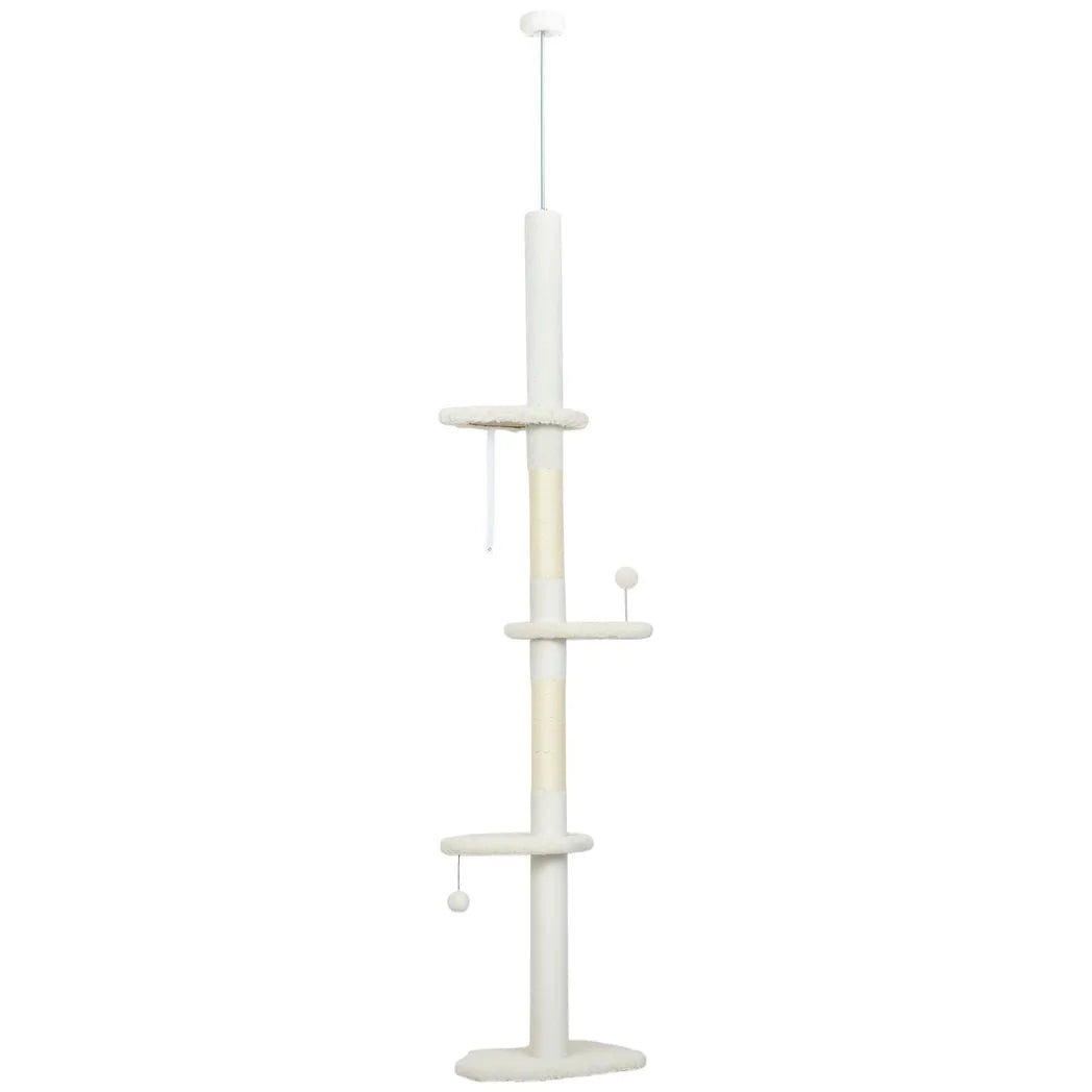 PawHut 225–255cm Adjustable Floor-to-Ceiling Cat Tree with Sisal Posts, Play Balls & Anti-Tip Strap, Beige
