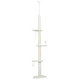 PawHut 225–255cm Adjustable Floor-to-Ceiling Cat Tree with Sisal Posts, Play Balls & Anti-Tip Strap, Beige