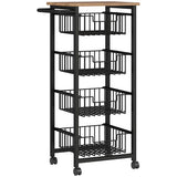 HOMCOM Four Basket Mobile Kitchen Island Trolley with Brakes – Steel Frame Storage Cart, Oak/Black