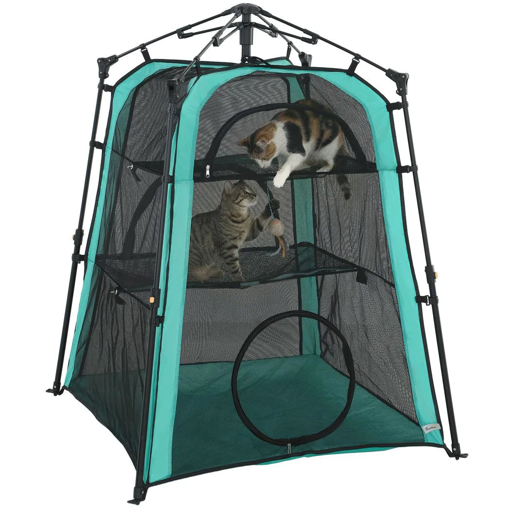 PawHut 3-Tier Portable Cat Tent with Multiple Doors, Carry Bag and Breathable Mesh – Indoor and Outdoor Cat House