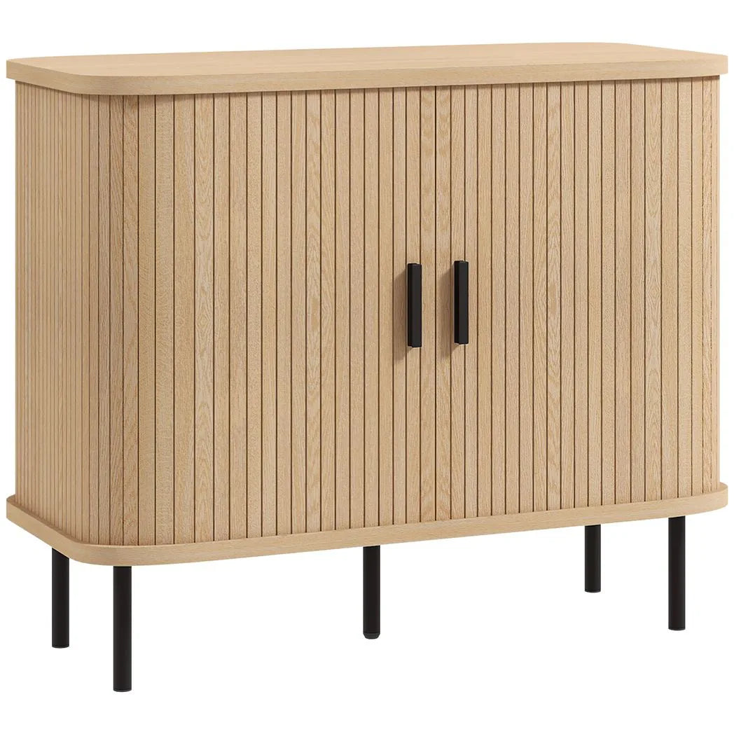 HOMCOM Mid-Century Sideboard with Slatted Tambour Sliding Doors & Steel Legs – Oak Tone
