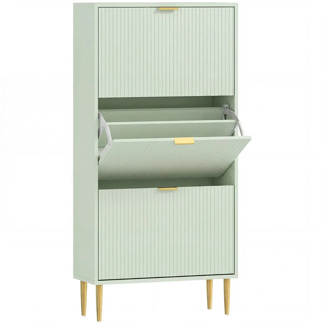 HOMCOM Slim 3-Drawer Shoe Cabinet with Gold Accents, 122.5 x 60 x 24cm, Light Green