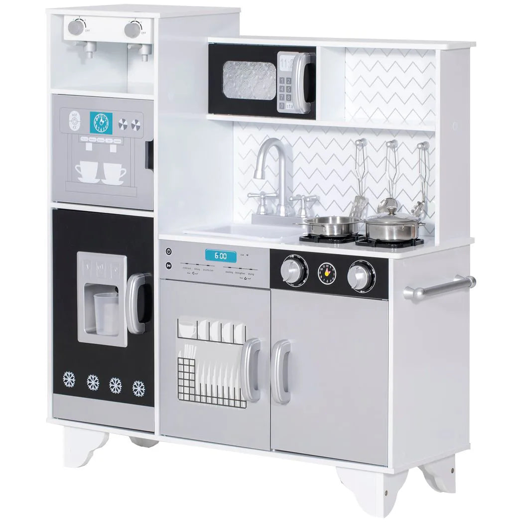 AIYAPLAY Kids Play Kitchen with Sounds, Ice and Coffee Maker, Microwave and Utensils – Role Play, Ages 3-6