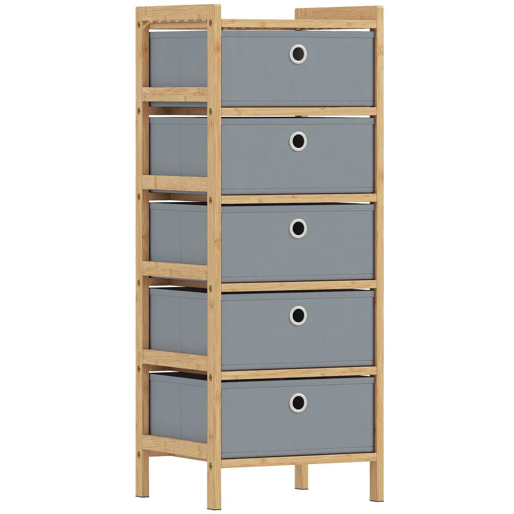 HOMCOM 5-Drawer Narrow Chest of Drawers with Fabric Drawers & Bamboo Frame – Slim Storage, Light Grey