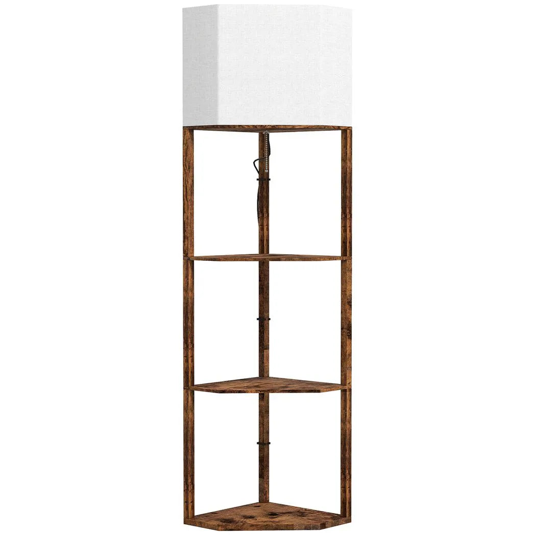 HOMCOM Corner Floor Lamp with 3 Storage Shelves & Pull Chain Switch – Tall Standing Lamp, Rustic Brown