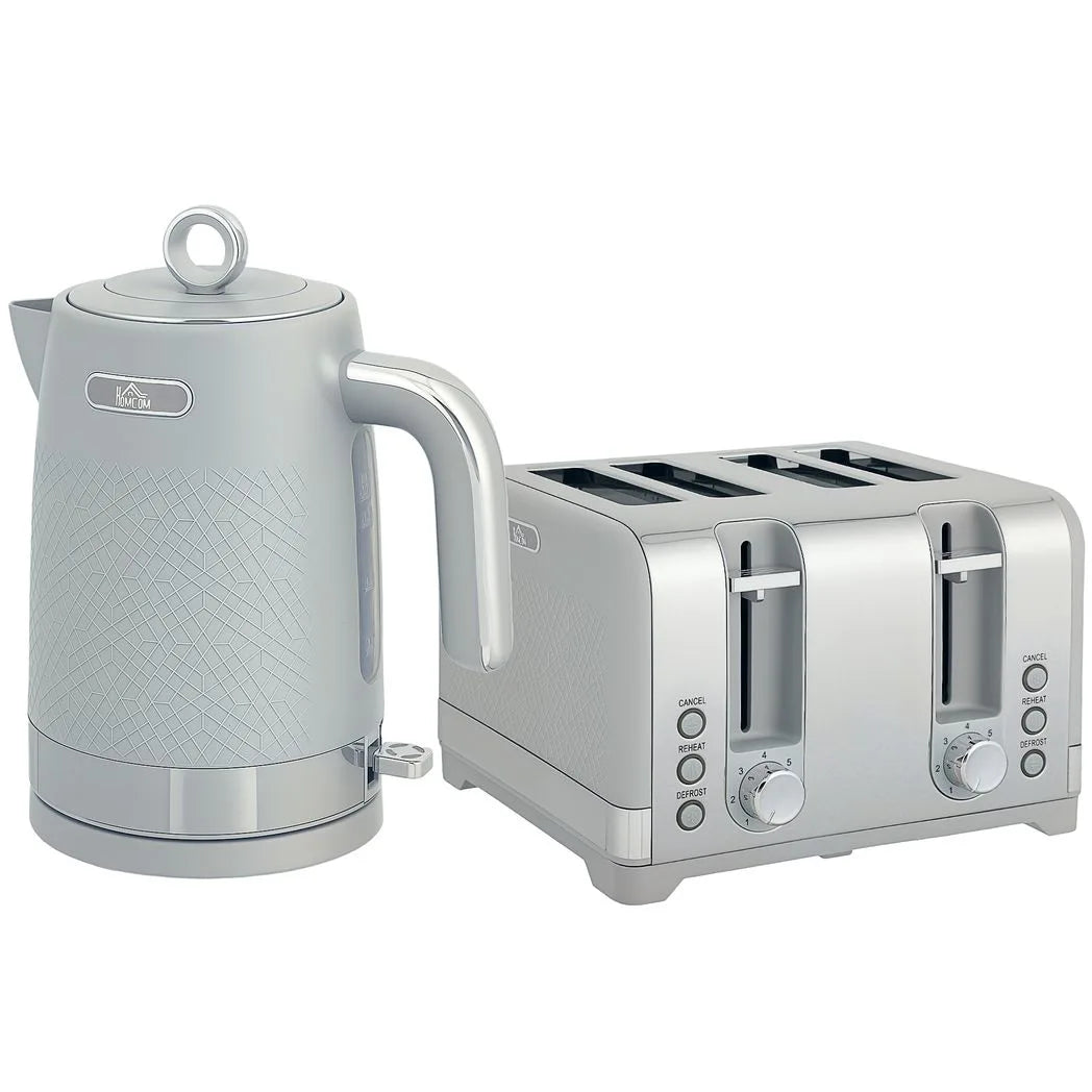 HOMCOM Textured Kettle and 4-Slice Toaster Set, 1.7L 3000W Rapid Boil Kettle – Kitchen Set, Grey