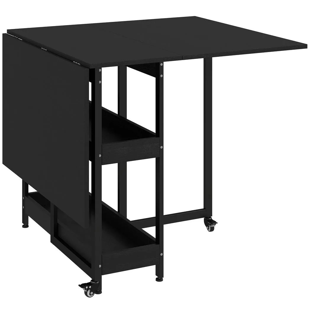 HOMCOM Drop Leaf Dining Table for 2–4 People with Open Shelves and Wheels – Folding Kitchen Table, Black