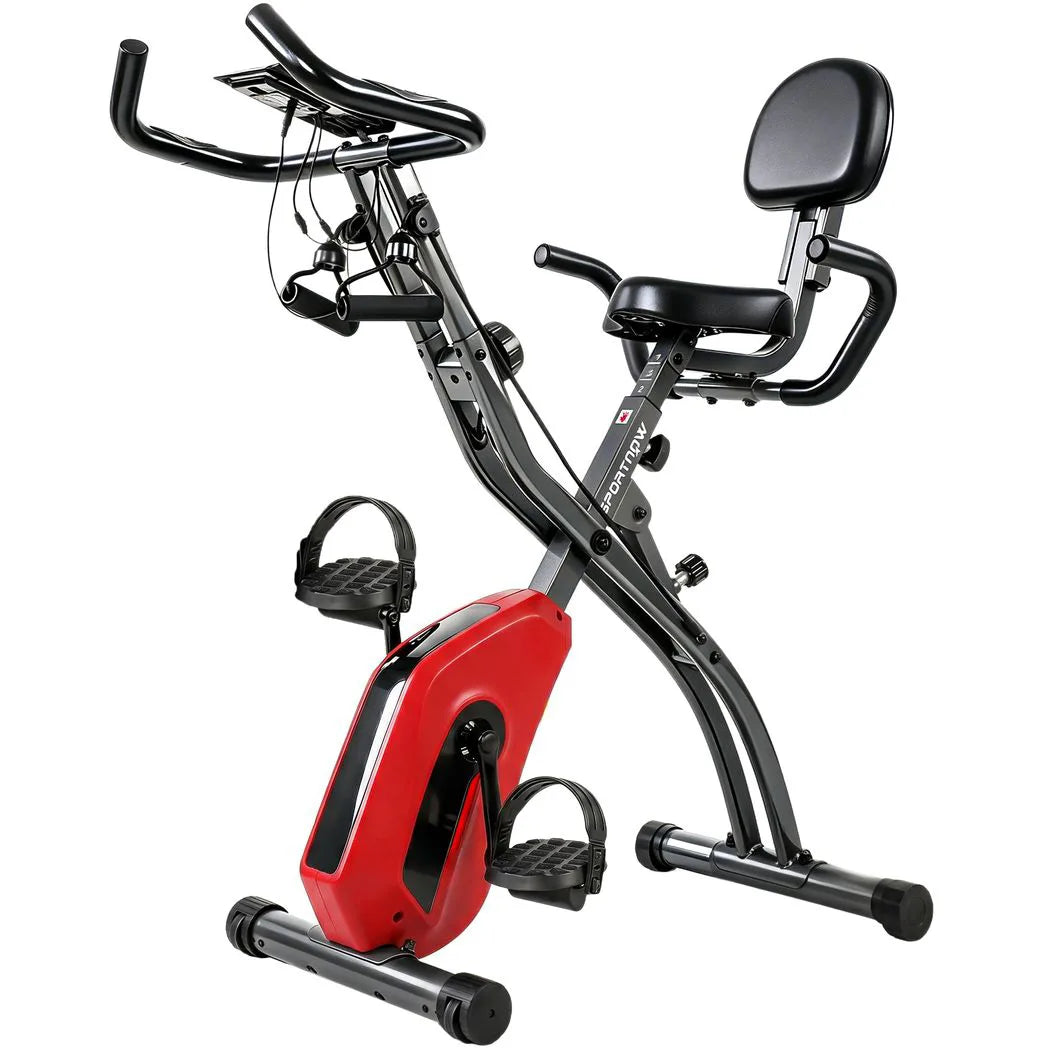 SPORTNOW 4-in-1 Folding Exercise Bike with Resistance Bands, 8-Level Magnetic Resistance & Bluetooth App, Red