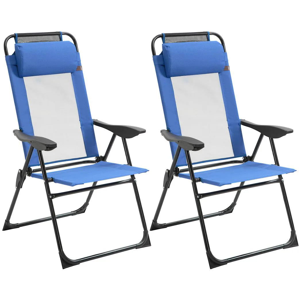 Outsunny Folding Garden Chairs Set of 2 with 5-Position Reclining High Back, Headrests & Texteline Seats – Outdoor Patio Chairs, Blue
