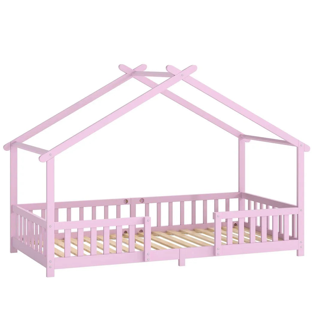 AIYAPLAY Wooden House Kids Single Bed with Dual Guardrails – Solid Pine, Pink, Fits 90 x 200 cm Mattress