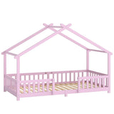 AIYAPLAY Wooden House Kids Single Bed with Dual Guardrails – Solid Pine, Pink, Fits 90 x 200 cm Mattress