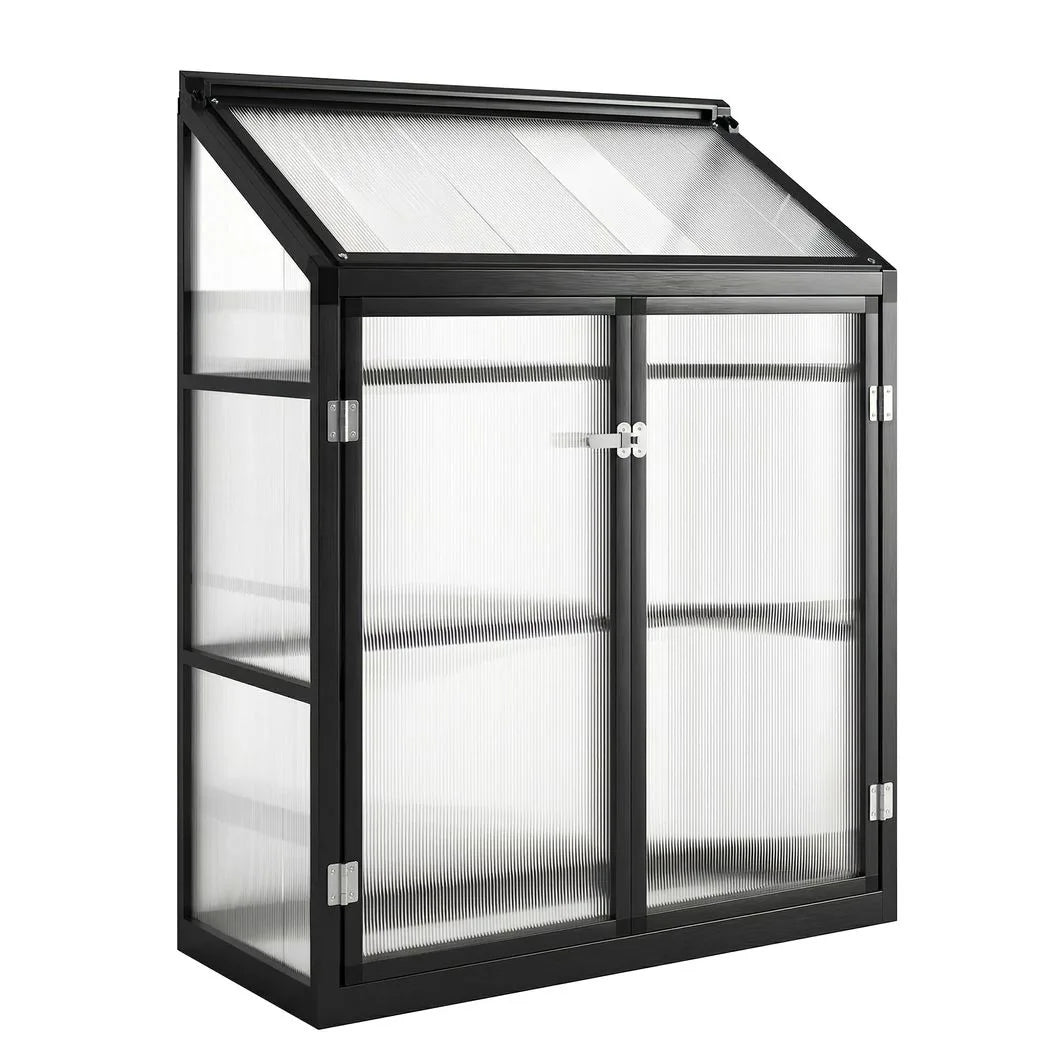 Outsunny Lean-to Polycarbonate Greenhouse 4 x 2ft with 2 Hinged Doors & Top Vent, Aluminium Frame, Black