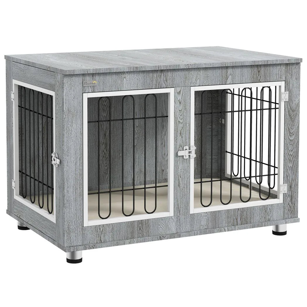 PawHut Dog Crate Furniture End Table with Cushion and Double Doors – Indoor Kennel, Grey