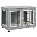 PawHut Dog Crate Furniture End Table with Cushion and Double Doors – Indoor Kennel, Grey