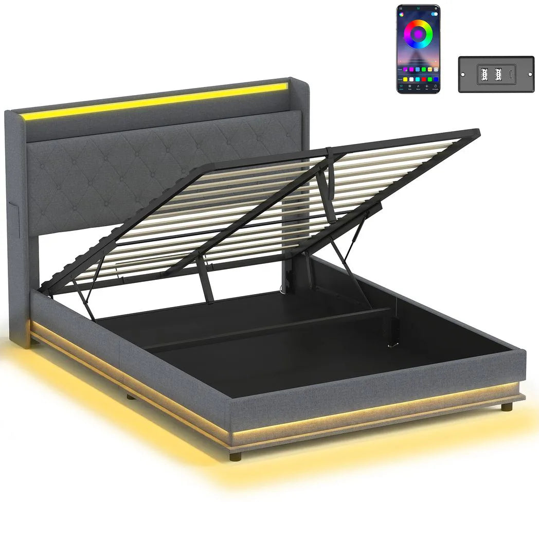 HOMCOM 5ft King Bed Frame with Hydraulic Storage, LED Lights and Charging Station – Ottoman Bed, Grey