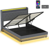 HOMCOM 5ft King Bed Frame with Hydraulic Storage, LED Lights and Charging Station – Ottoman Bed, Grey