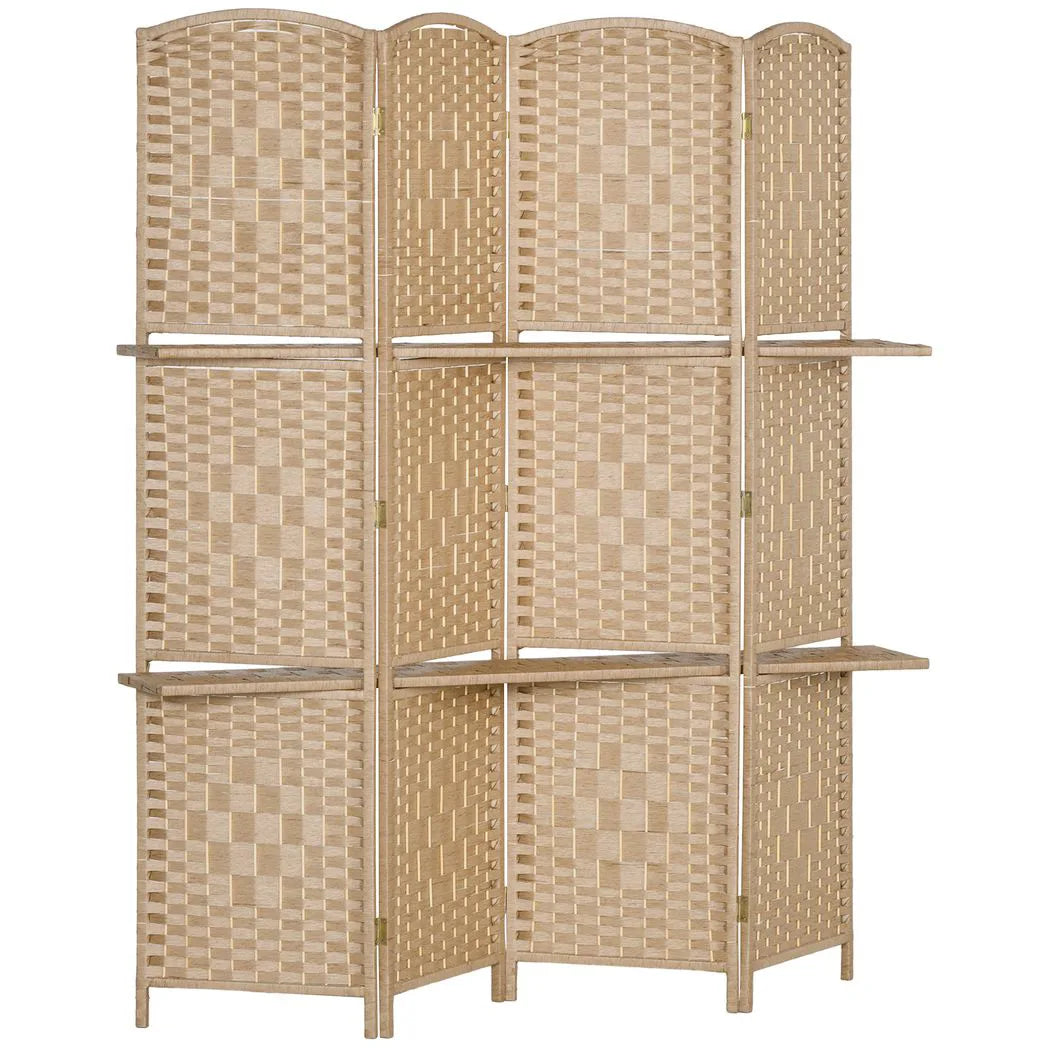 HOMCOM 4 Panel Folding Room Divider with 2 Shelves – Diamond Weave Privacy Screen, 160 x 170cm, Natural