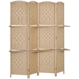 HOMCOM 4 Panel Folding Room Divider with 2 Shelves – Diamond Weave Privacy Screen, 160 x 170cm, Natural
